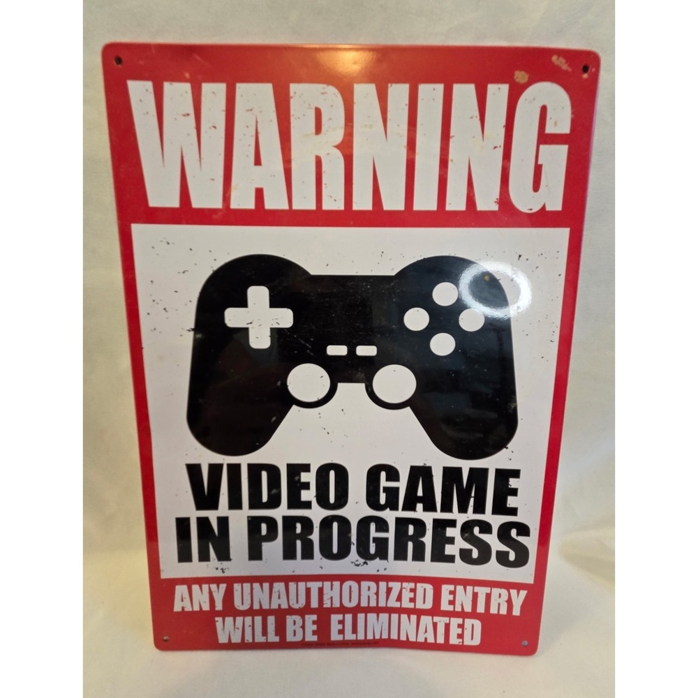 WARNING Video Game In Progress Metal Wall Sign Hanging 8.5x11 Vertical